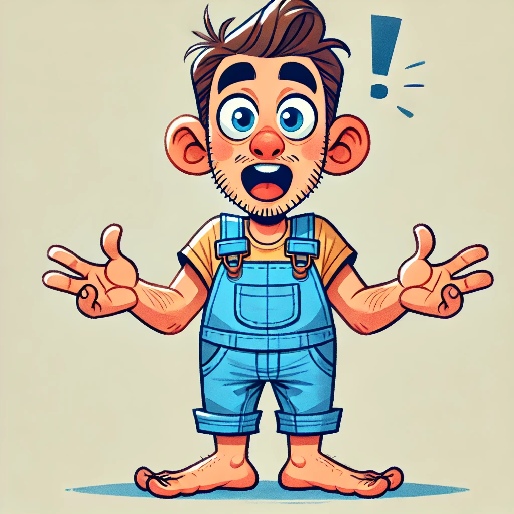 Man in blue overalls with a surprised look on his face
