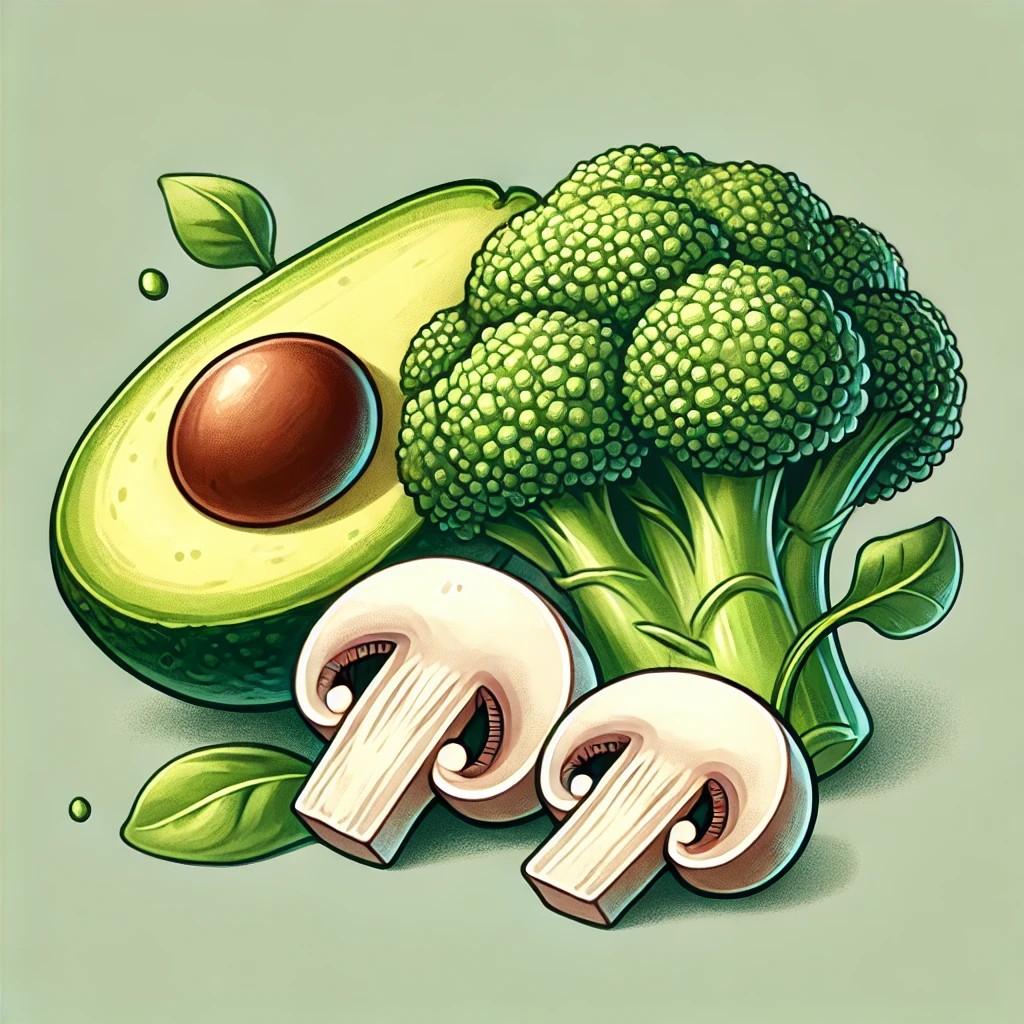 Brocoli mushrooms and avocado
